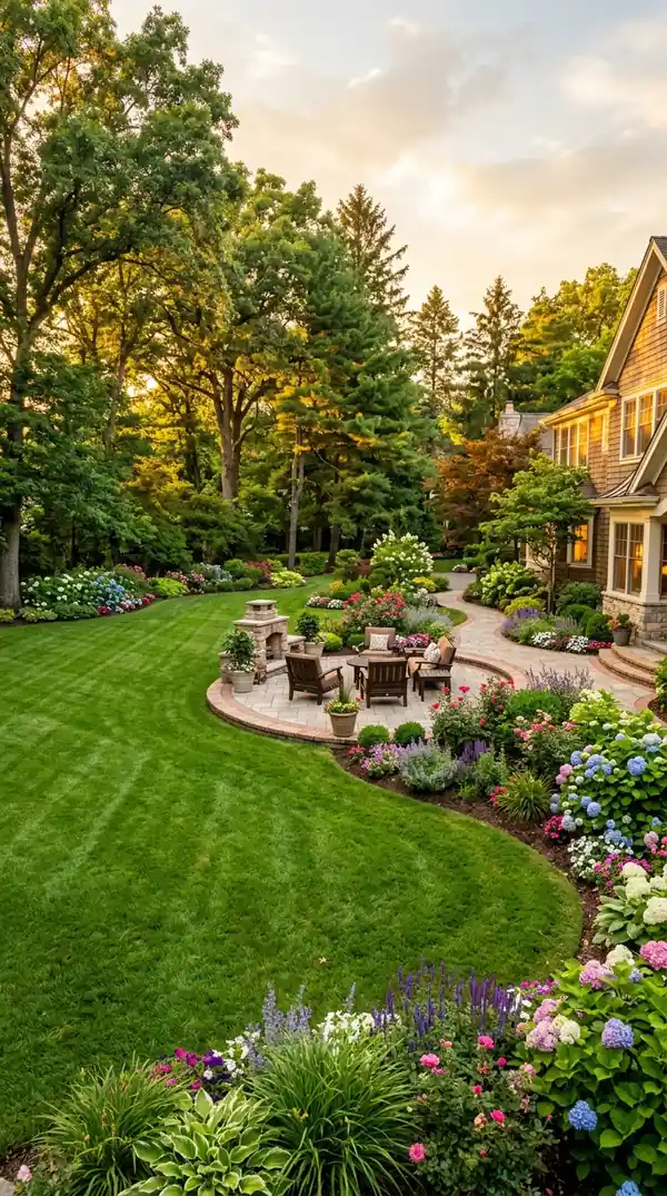Landscaped garden with a curved stone patio, lawn and flowering borders