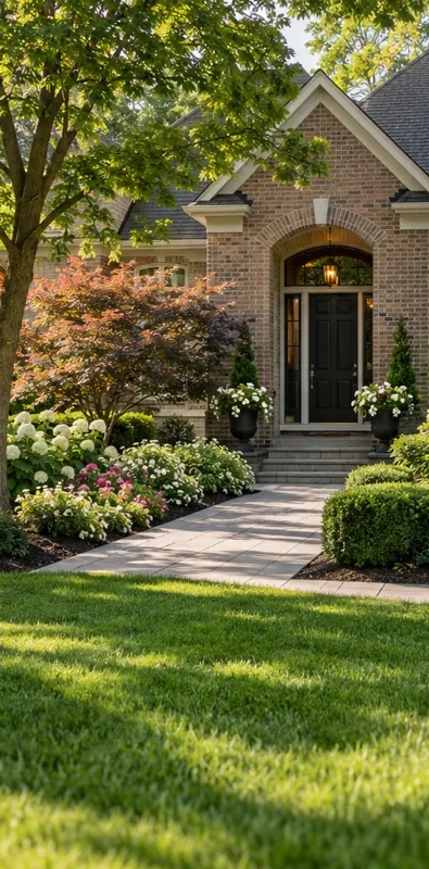 Illustrative brick home entrance with clean garden beds and a front path