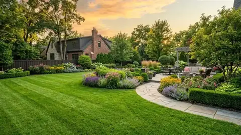 Beautifully landscaped backyard with manicured lawn and garden