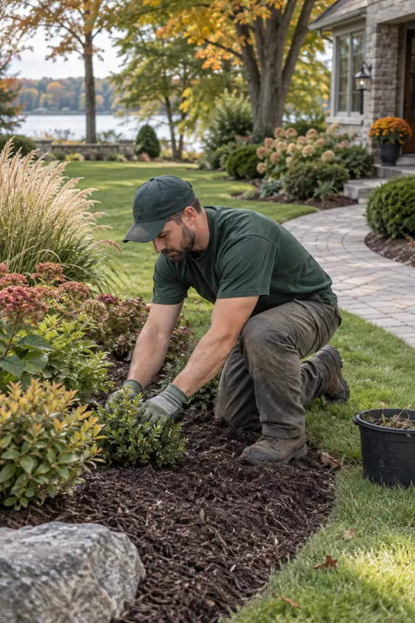 Illustration of a gardener tending a mulched planting bed beside a residential lawn