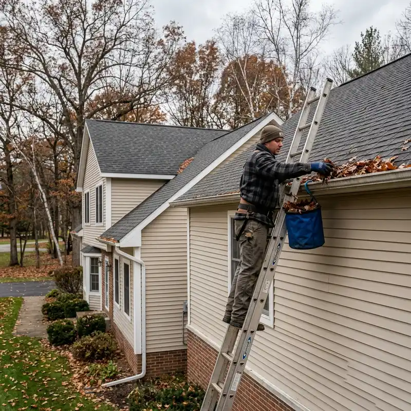Landscaper cleaning gutters on a residential home