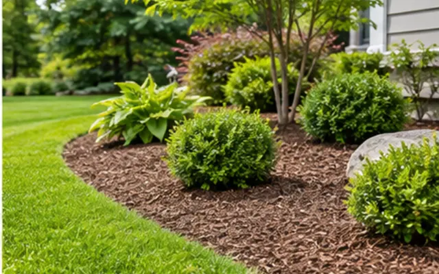 Freshly mulched flower bed beside a green lawn