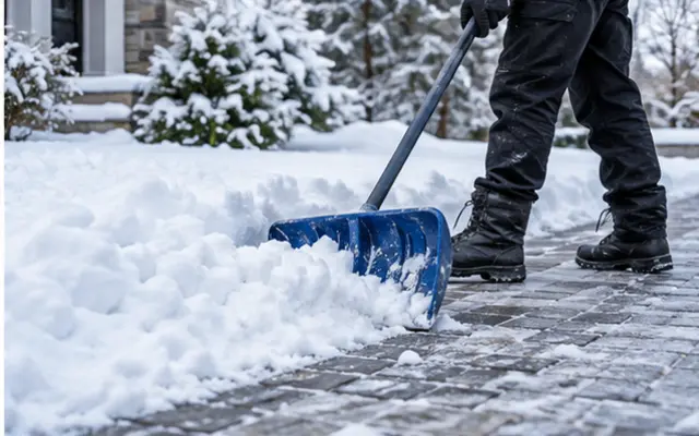 Worker clearing snow from a driveway