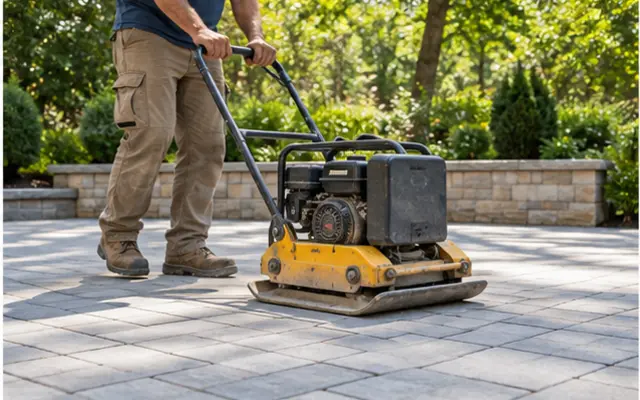Contractor installing a paved outdoor living space