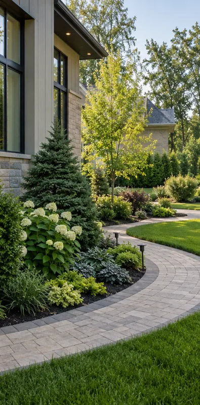 Illustrative garden with a curved paver path and evergreen planting