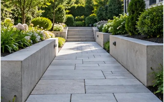 Paver walkway with raised garden walls