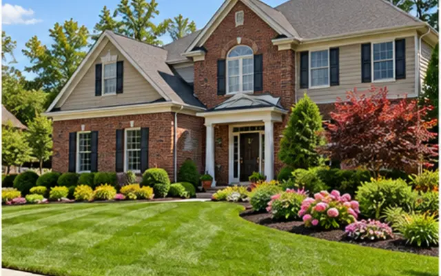 Suburban home with healthy lawn and garden beds