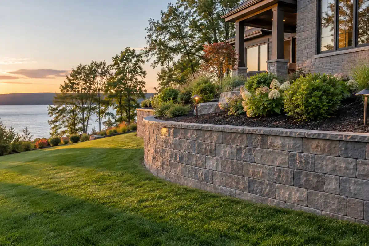 Landscaped garden with stonework and planting