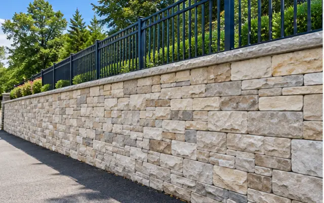 Stone retaining wall with metal railing