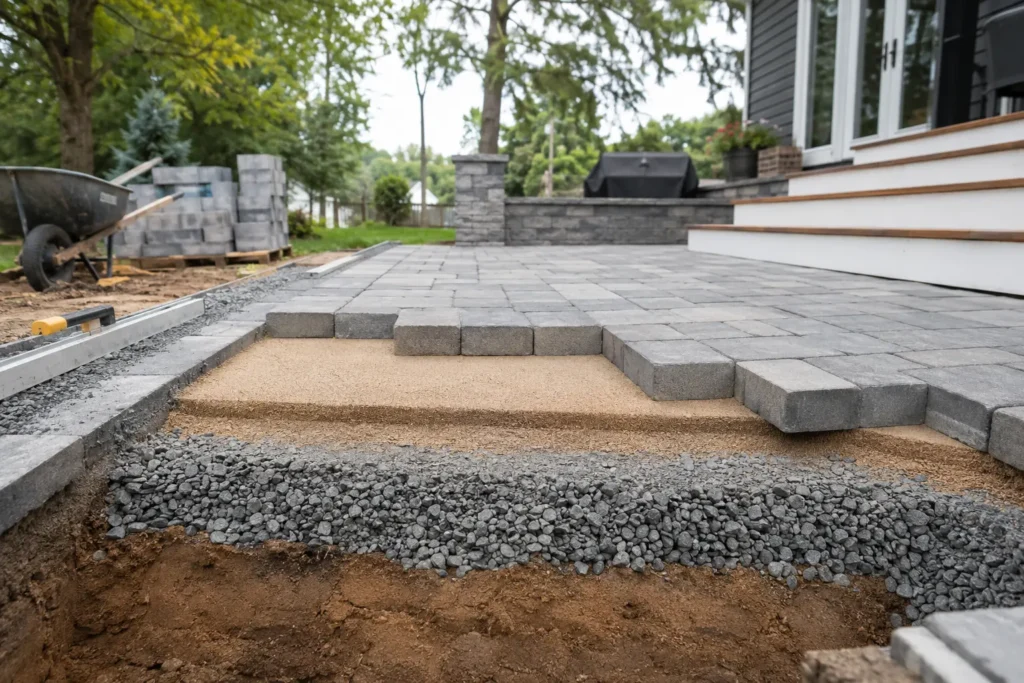 Paver patio installation showing proper base preparation