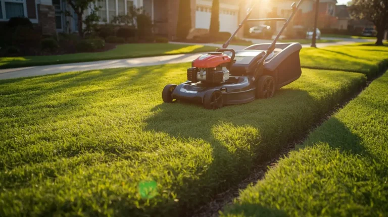 Homeowner mowing a lush green lawn in Clarence, NY during summer