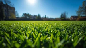 Freshly mulched lawn with rich, dark mulch around green grass and garden beds, promoting healthy growth.