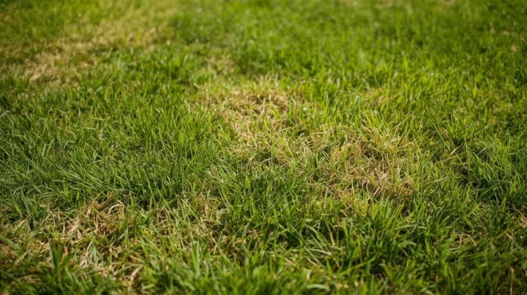 A patchy, brown lawn with overgrown weeds and bare spots, indicating poor lawn health and required lawn care