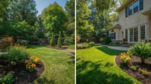 Before-and-after images of a front yard landscaping transformation in Clarence, NY, showing lush green grass, new flower beds, and stone walkways.
