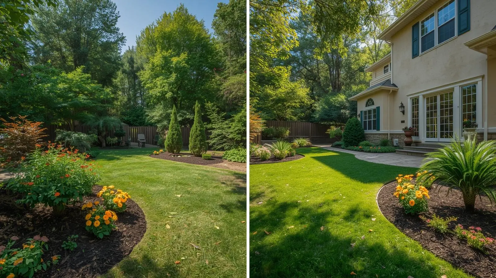 Before-and-after images of a front yard landscaping transformation in Clarence, NY, showing lush green grass, new flower beds, and stone walkways.