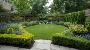 Beautifully landscaped small backyard in Clarence, NY with a stone patio, raised garden beds, and native plants.