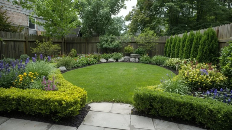 Beautifully landscaped small backyard in Clarence, NY with a stone patio, raised garden beds, and native plants.