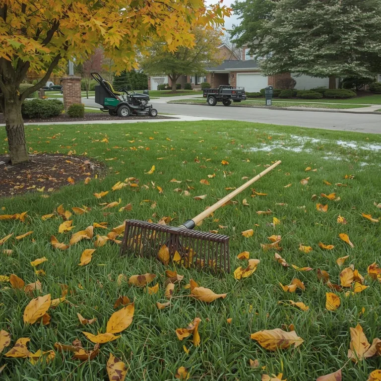 Homeowner raking fall leaves from a lawn in Clarence, NY