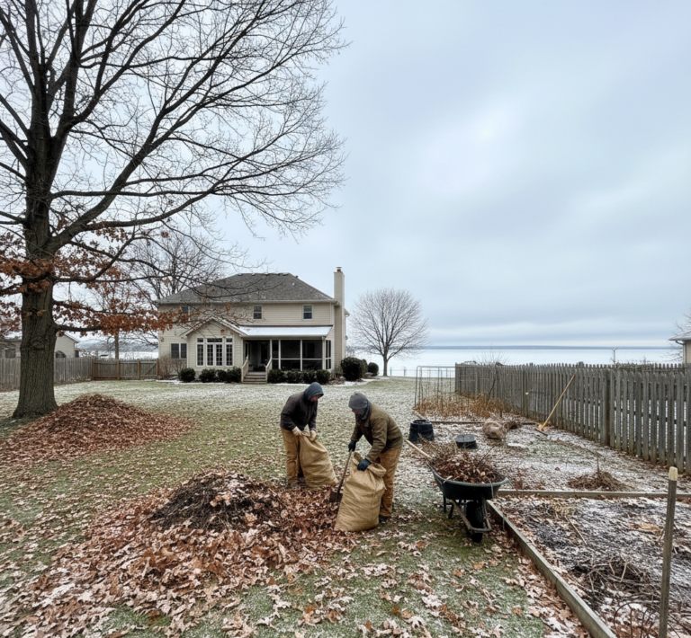 Fall clean up Buffalo NY services on a residential lawn