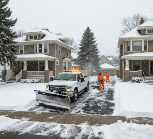 Professional snow removal crew clearing a residential driveway and walkway during winter in Buffalo, NY.