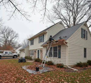 Person cleaning roof and unclogging gutters on a suburban home in East Amherst, NY before winter.