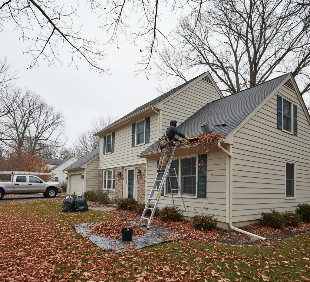 Person cleaning roof and unclogging gutters on a suburban home in East Amherst, NY before winter.