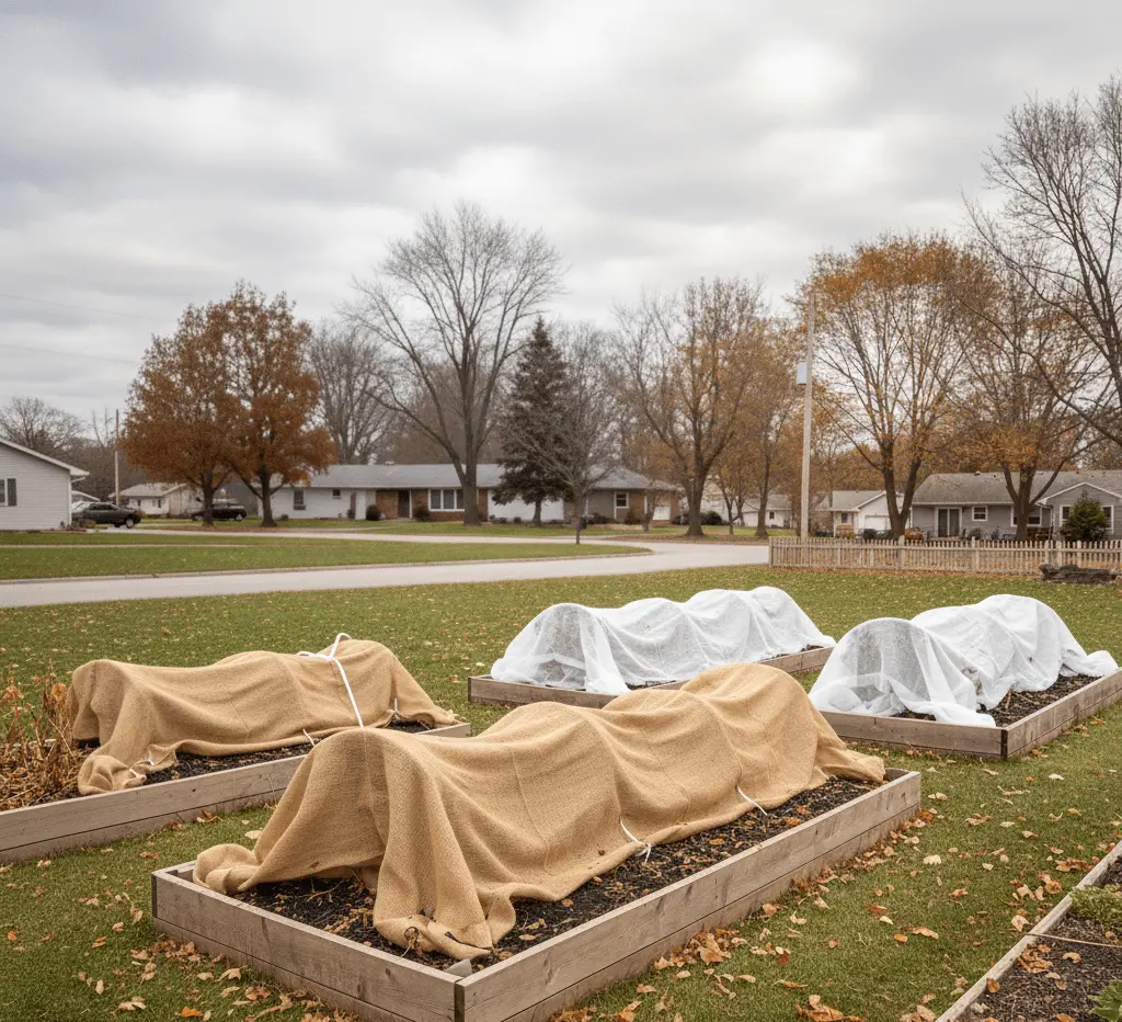 Covered garden beds with winter mulch and plant protection for harsh winter in East Amherst NY