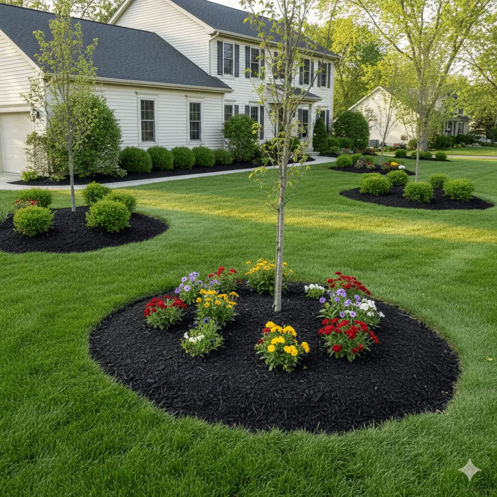 Modern black mulch landscaping in a Williamsville NY front yard flower bed
