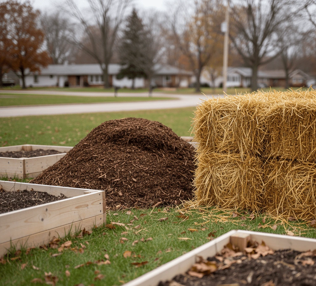 Hardwood mulch ready for fall mulch installation to protect garden beds from harsh winter