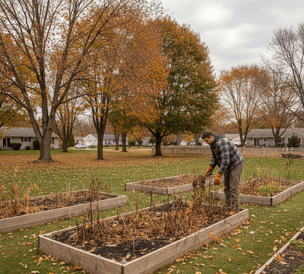 Clearing garden beds in East Amherst NY before winter mulch installation to prepare soil for harsh winter