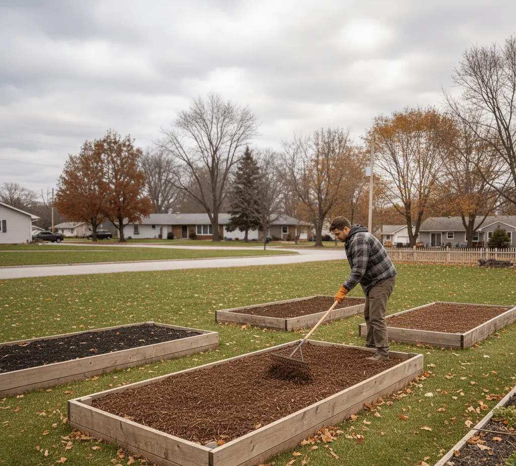 Applying winter mulch evenly over garden beds for mulch installation in East Amherst NY