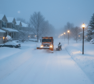 Snow plow clearing a driveway during a Lake Effect Snow Warning in East Amherst, NY