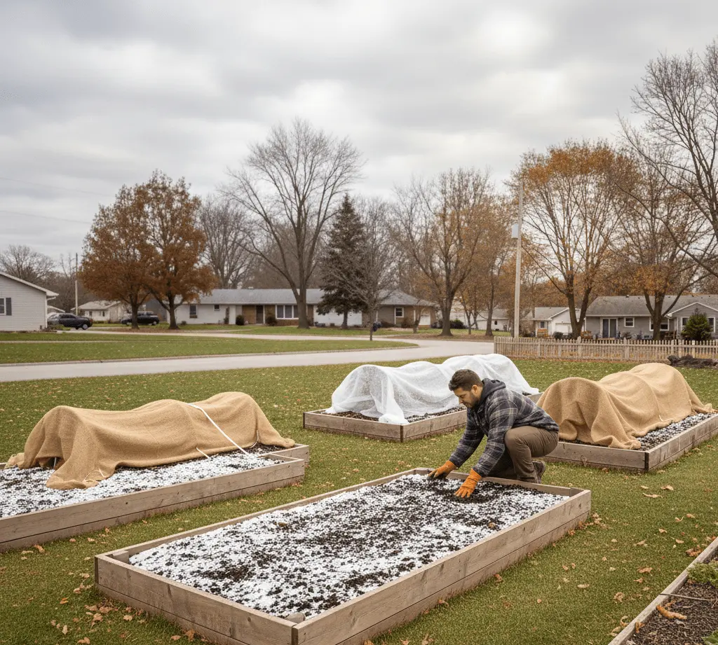 Inspecting winter mulch on garden beds during harsh winter conditions in East Amherst NY
