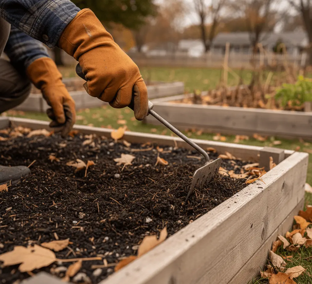 Loosening soil in fall garden beds before mulching garden beds with leaf mulch in East Amherst NY