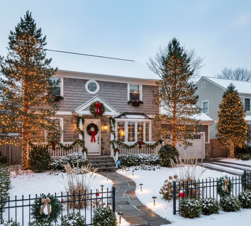 Simple Christmas landscaping ideas for New York front and backyards with festive winter decor
