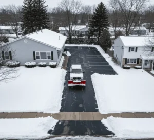 Professional snow removal service clearing a driveway near Lockport, NY