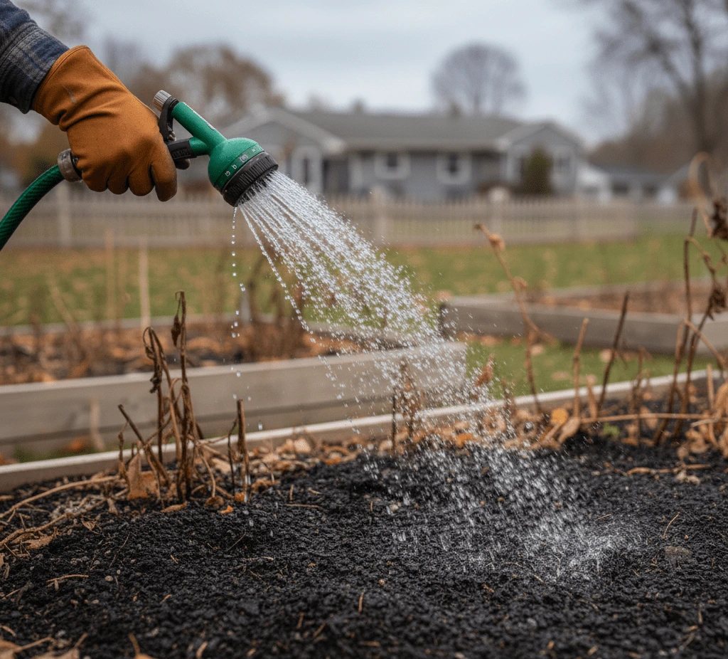 Watering garden beds in fall before applying winter mulch and hardwood mulch in East Amherst NY