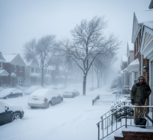 Residential property in New York covered in snow during a winter storm
