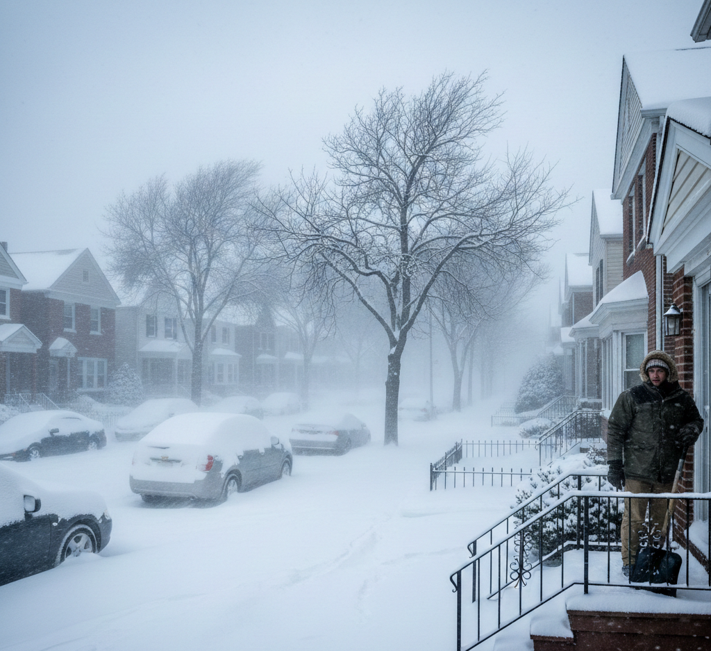 Residential property in New York covered in snow during a winter storm