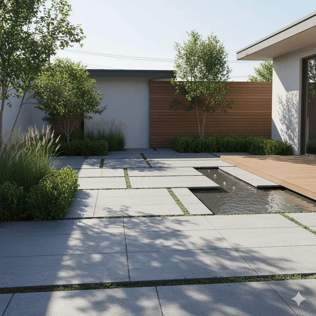 Outdoor landscape architecture in East Amherst with patio, greenery, and stone pathways
