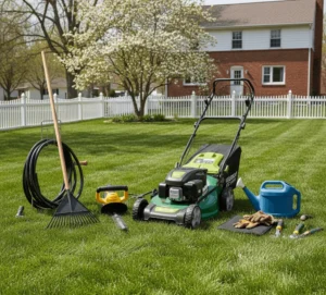 Essential lawn care tools including mower, rake, and trimmer on a green lawn