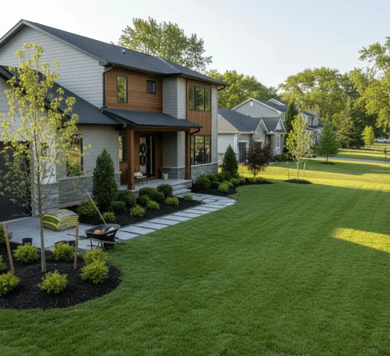 new house landscaping in Williamsville NY with fresh lawn and plants