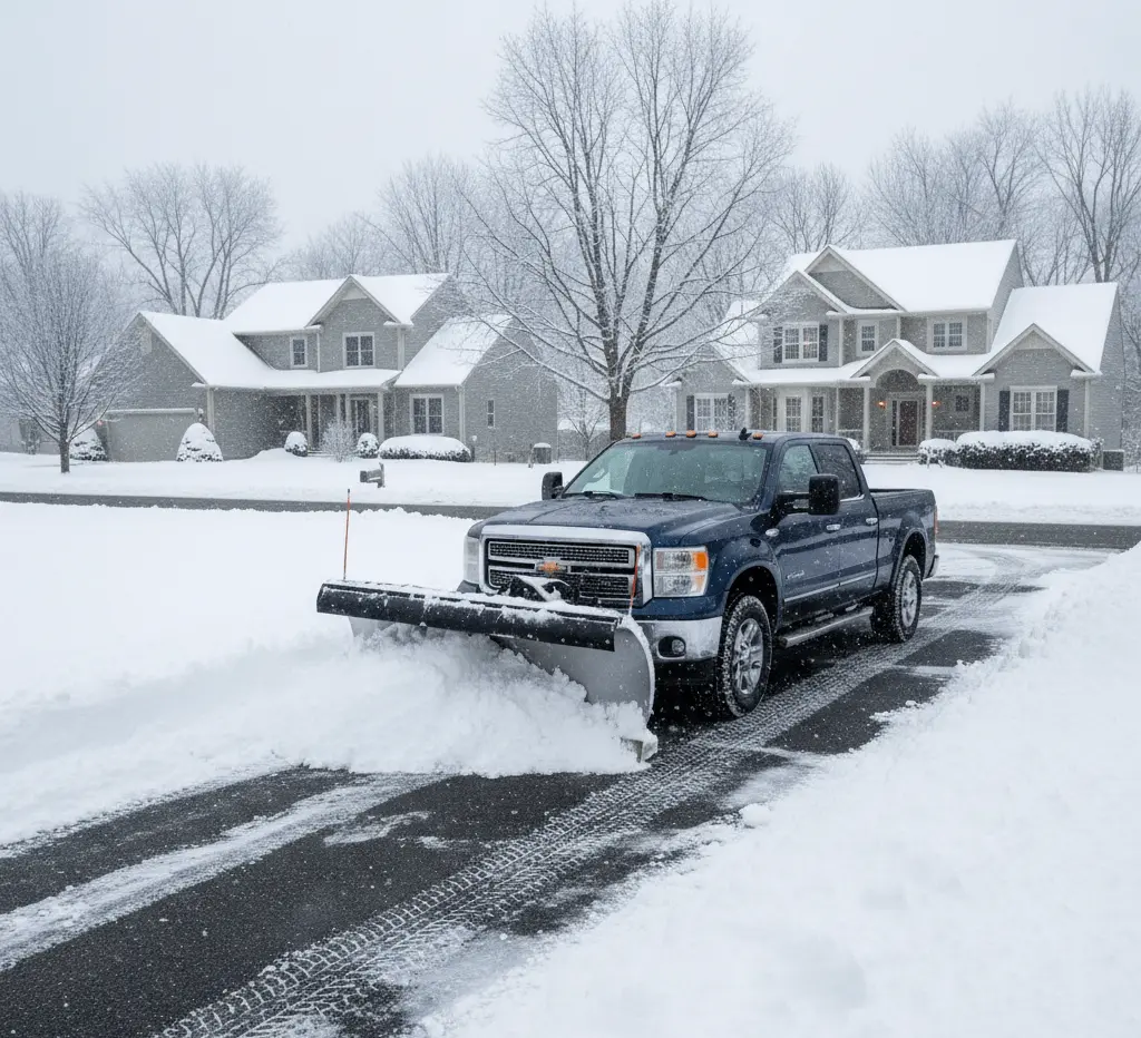 Residential snow plowing service clearing a driveway in Clarence Center NY