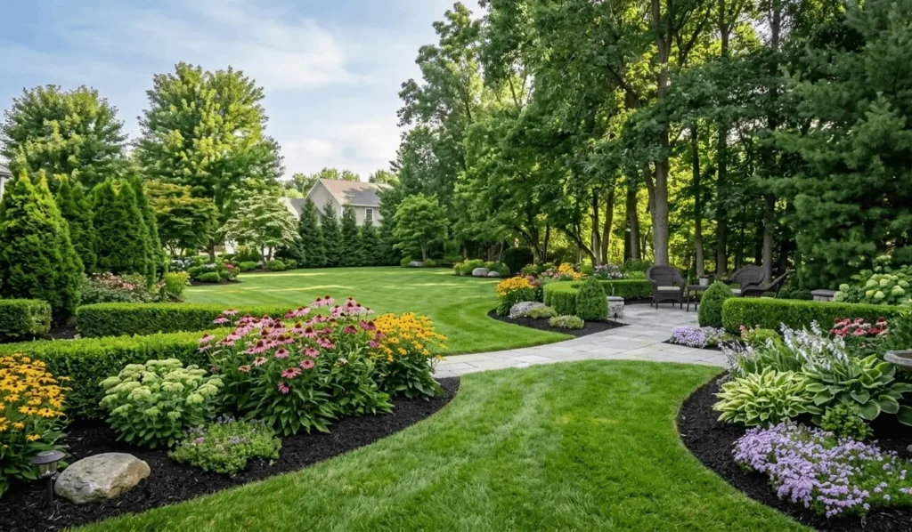 Landscaping Clarence NY with a manicured lawn, colorful flower beds, trimmed shrubs, and fresh mulch in a well-maintained yard to improve your lawn.