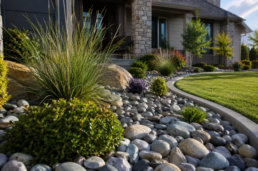 luxury front yard showcasing professional landscape design with smooth river rock as the central feature, surrounded by ornamental grasses, evergreen shrubs, and small flowering plants, with curved edging separating the lush green lawn from decorative stone beds in front of a modern residential home under bright morning sunlight.