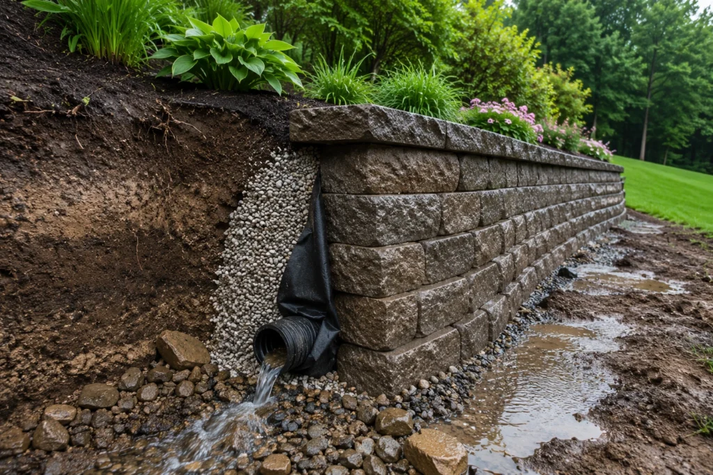 retaining wall drainage mistakes example showing improper water management behind a stone retaining wall.