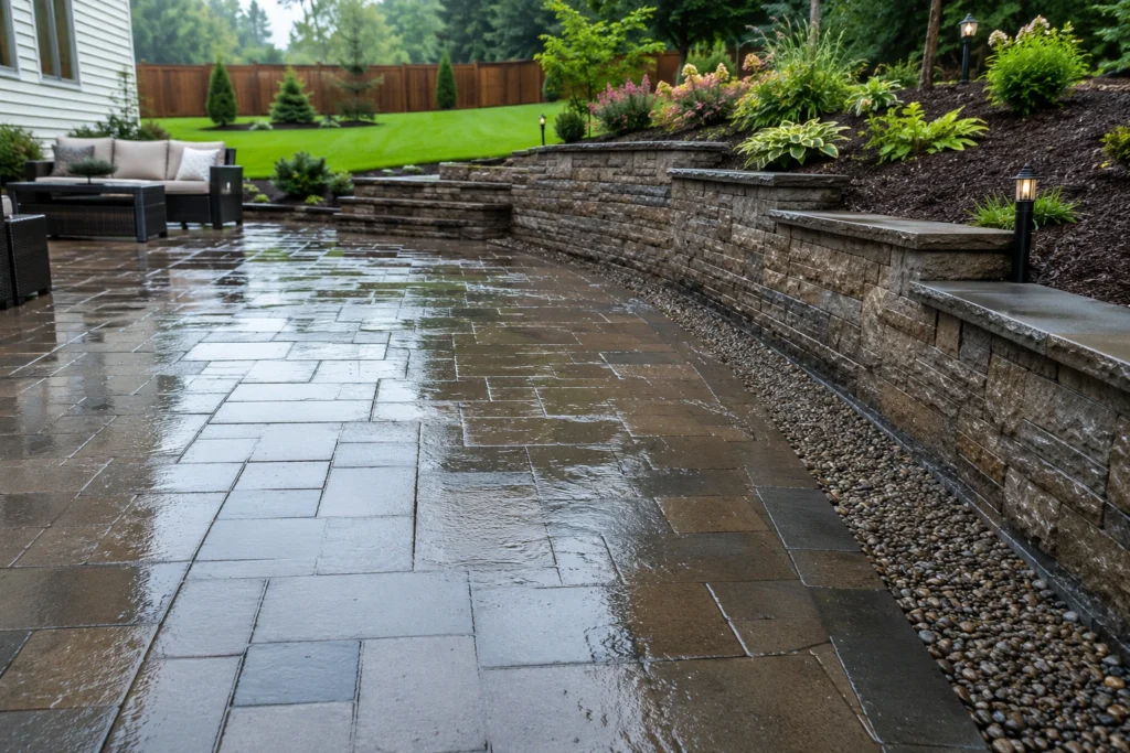 Professional landscape design featuring a paver patio installation with proper drainage around a retaining wall