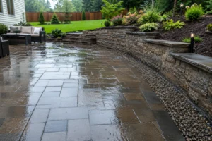 Professional landscape design featuring a paver patio installation with proper drainage around a retaining wall