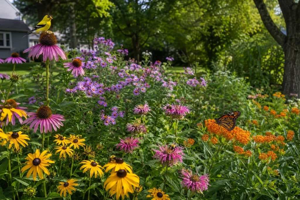 Pollinator friendly landscaping Buffalo NY garden featuring native flowers like Purple Coneflower, Black-Eyed Susan, Bee Balm, New England Aster, and Butterfly Weed attracting bees, butterflies, and birds.