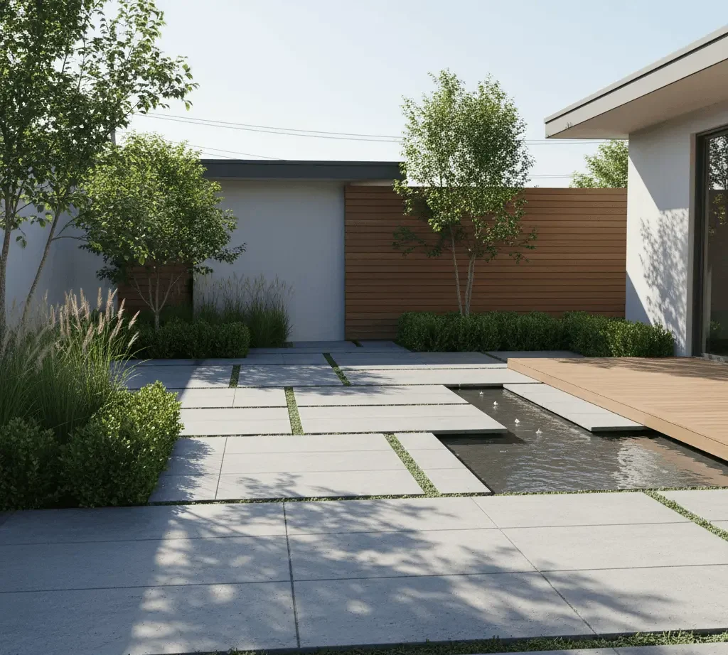 Outdoor landscape architecture in East Amherst with patio, greenery, and stone pathways